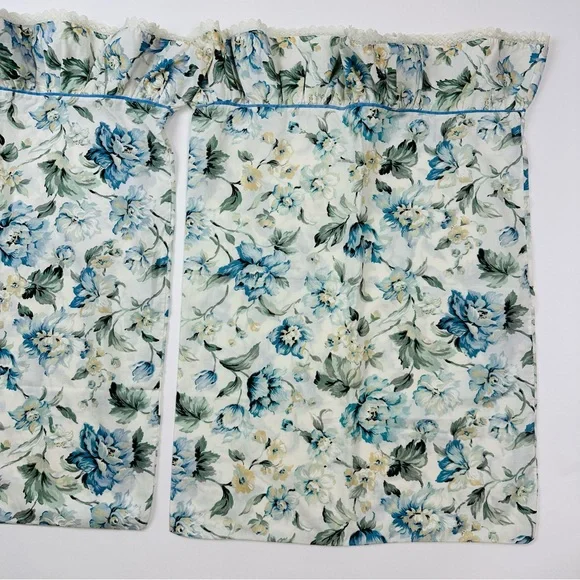 Vintage Blue Floral Cotton Lace Ruffle Trim 2 Standard Pillowcases & Flat Sheet - Picture 3 of 14